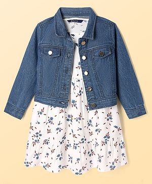 Pine Kids 100% Cotton Woven Full Sleeves Jacket and Frock with Floral Print in Blue