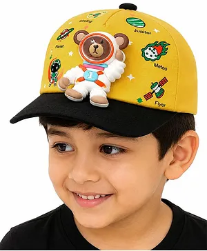 Vritraz Cotton Woven Bear Applique Detailed Space Theme Designed Baseball Cap - Mustard - Circumference 52 - 56 Cm