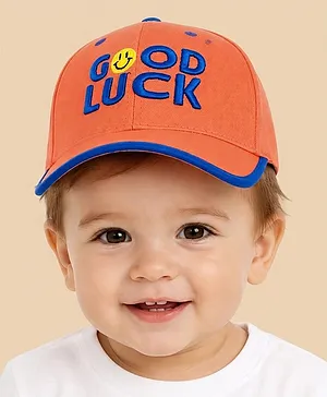 Vritraz Cotton Woven Good Luck Text Embroidered Baseball Cap - Orange - Circumference 52 - 56 Cm