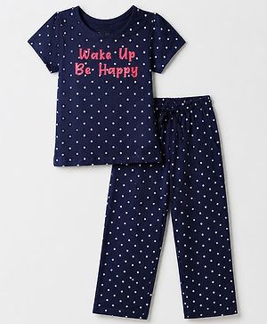 Pine Kids 100% Cotton Knit Half Sleeves T-Shirt & Pyjama Night Suit With Wake up Be Happy Text Print & Bio Finish - Navy Blue
