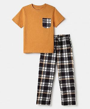 Pine Kids 100% Cotton Knit Full Sleeve Co-Ords T-Shirt & Pyjama Set With Checks -Yellow