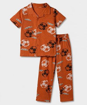 Pine Kids 100% Cotton Knit Front Open Full Sleeve Shirt & Pyjama Night Suit With Football Print - Orange
