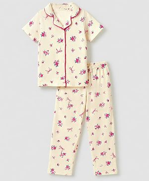 Pine Kids 100% Cotton Knit Half Sleeves Shirt & Pyjama Night Suit With Floral Print & Bio Finish - Cream