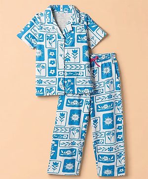 Pine Kids 100% Cotton Knit Half Sleeves Shirt & Pyjama Night Suit With Floral Print & Bio Finish - Blue