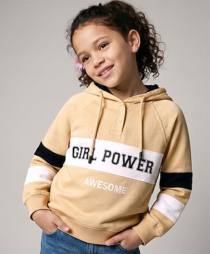 Pine Kids 100% Cotton Knit Hooded Sweatshirt with Full Raglan Sleeves and Girl Power Print - Beige