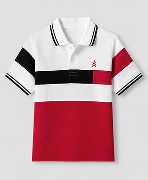 Pine Kids Cotton Mix Knit Polo with Half Sleeves and Logo Print in Red