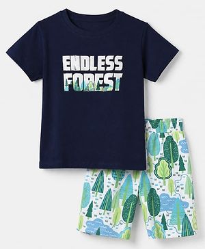 Pine Kids 100% Cotton Single Jersery Knit 180 GSM Half Sleeves T-Shirt & Short Night Suit With Endless Forest Text Print & Bio Wash - Blue