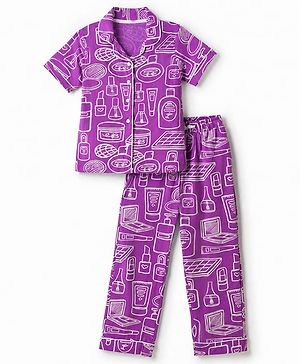 Pine Kids 100% Cotton Knit Half Sleeves Co-Ords Shirt & Pajama Night Suit With Fashion Kit Print - Purple