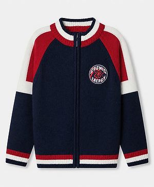 Pine Kids Knit Front Open Sweater with Full Sleeves and Cosmic Energy Patch - Navy Blue