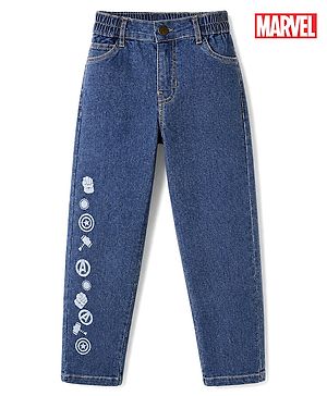 Pine Kids Marvel Denim Full Length Jeans with Superhero Symbols Print in Blue