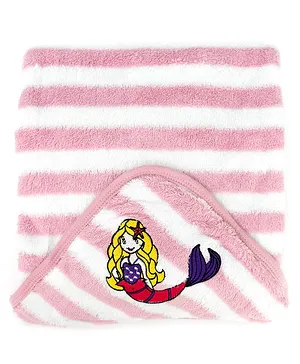 My Milestones Ultra Plush Kids Hooded Towel Wrap- Modern Stripes- Mermaid - Pink and White