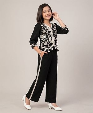 Ministitch Cotton Rayon Woven Three Fourth Puffed Sleeves Paisley Designed Thread Work Detailed & Sequins Embellished Top & Palazzo Set - Black