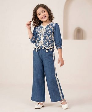 Ministitch Cotton Rayon Woven Three Fourth Puffed Sleeves Paisley Designed Thread Work Detailed & Sequins Embellished Top & Palazzo Set - Blue