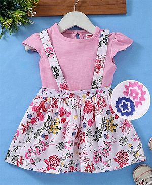 Babyhug Floral Printed Dungaree Frock With Inner Solid Tee - Pink White - 18-24M White