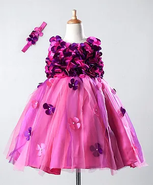 Li&Li Boutique Flowers & Pearls Embellished Sleeveless Dress With Headband- Pink