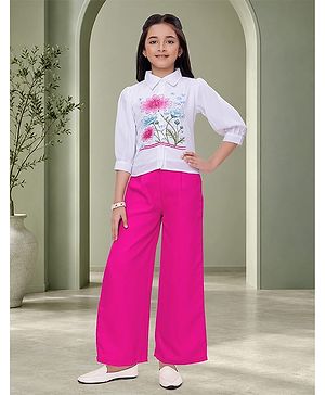 Ministitch Cotton Blend Woven Three Fourth Sleeves Floral Printed Top & Palazzo Set - Pink