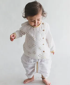 Tiber Taber Angrakha Style Full Sleeves Kurta & Dhoti Set - White