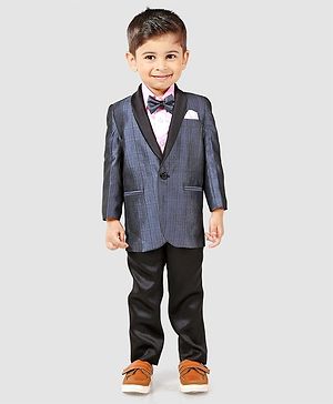 Babyhug Full Sleeves Three Piece Party Suit With Bow - Blue