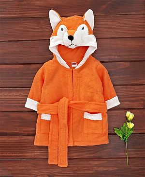 Babyhug Cotton Full Sleeves Hooded Bath Robe Fox Design - Orange