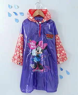 Babyhug Full Sleeves Hooded Raincoat With School Bag Provision Minnie Mouse Print - Purple