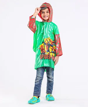 Babyhug Full Sleeves Hooded Raincoat With School Bag Provision Spider Man Print - Green Red