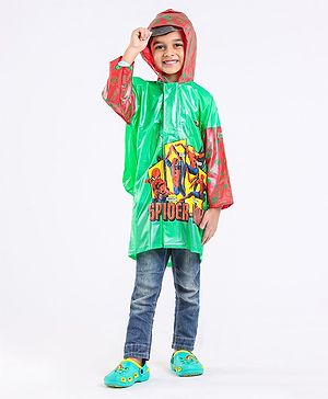 Babyhug Full Sleeves Hooded Raincoat With School Bag Provision Spider Man Print - Green Red - 22 Green