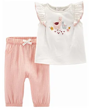 Carter's 2-Piece Llama Jersey Top & Gauze Pant Set - Pink White