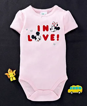 Fox Baby Half Sleeves Onesie Mickey & Minnie Mouse Print - Light Pink