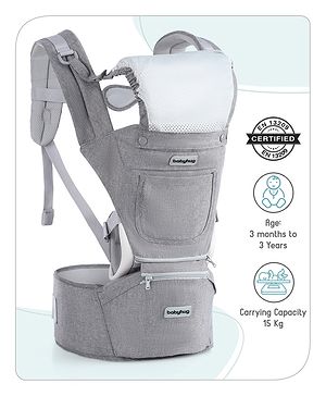 Babyhug Harmony 9-in-1 Ergonomic Baby Carrier with Hip Seat: Breathable fabric, Detachable hood, Padded straps, Pocket storage, and 9 carrying positions for babies up to 15 kg-Grey