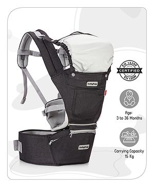 Babyhug Harmony 9-in-1 Ergonomic Baby Carrier with Hip Seat: Breathable fabric, Detachable hood, Padded straps, Pocket storage, and 9 carrying positions for babies up to 15 kg-Black