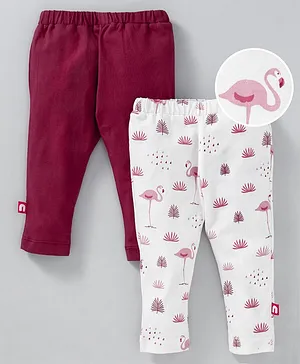 Nino Bambino Ankle Length Solid & Flamingo Printed Leggings Pack Of Two - Pink & Maroon