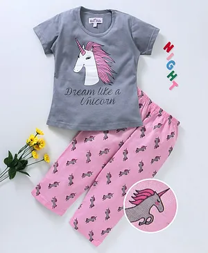 Nite Flite Unicorn Print Half Sleeves Night Suit - Grey & Pink