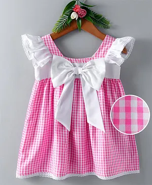 Many Frocks & Cap Sleeves Big Bow Applique Checked Dress - Pink