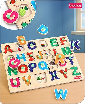 Babyhug Premium 26 pcs Capital Alphabet Wooden Board puzzle for Toddlers| ABC Puzzle Montessori Educational and Learning Toy | Shape Matching Puzzle |Preschool Colorful Knob and Peg Puzzle| BIS Certified| 18+ months