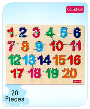 Babyhug Premium 20 pcs Wooden Number Board puzzle for Toddlers| 123 Puzzle Montessori Educational and Learning Toy | Shape Matching Puzzle |Preschool Colorful Knob and Peg Puzzle| BIS Certified| 18+ months