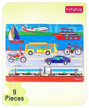 Babyhug Premium 9 pcs Wooden Board Vehicles puzzle for Toddlers| Montessori Educational and Learning Toy | Shape Matching Puzzle |Preschool Colorful Knob and Peg Puzzle| BIS Certified| 18+ months