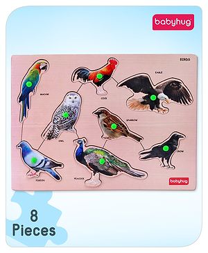 Babyhug Premium 8 pcs Wooden Board Birds puzzle for Toddlers| Montessori Educational and Learning Toy | Shape Matching Puzzle |Preschool Colorful Knob and Peg Puzzle| BIS Certified| 18+ months