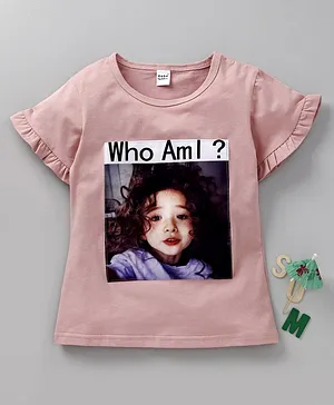 Meng Wa Half Sleeves Top Who Am I Print - Peach