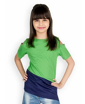 Olele Color Block Cold Shoulder Half Sleeves T-Shirt - Green