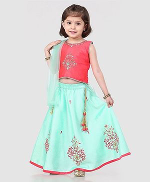 Babyhug Sleeveless Embroidered Choli & Lehenga Set With Dupatta - Peach Mint - 2-3 YRS Peach