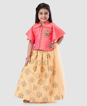 Babyhug Girls Half Sleeves Blouse & Chanderi Lehenga With Dupatta - Peach