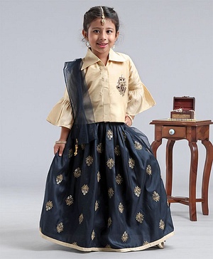 Babyhug Three Fourth Sleeves Shirt Style Choli with Embroidered Lehenga - Beige & Navy