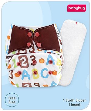 Babyhug Free Size Reusable Contrast Flap Closure Cloth Nappies With Insert Alphanumeric Print - White Brown