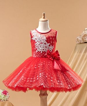 Babyhug Sleeveless Frock With Floral Embroidered - Red