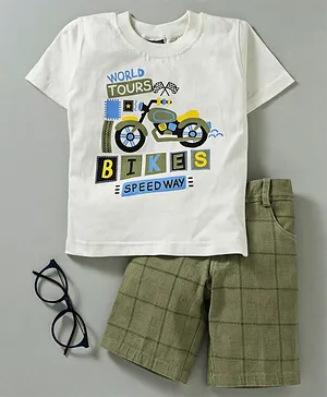 Rikidoos Half Sleeves Bikers Speedway Print Tee With Shorts - White & Green
