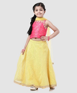 Babyhug Sleeveless Choli And Chevron Lehenga With Dupatta Floral Detailing - Yellow Pink