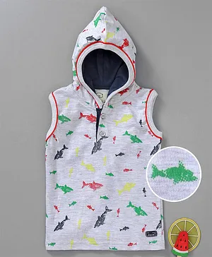 Olio Kids Sleeveless Hooded Tee Shark Print - Grey