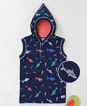 Olio Kids Sleeveless Hooded Tee Shark Print - Navy Blue