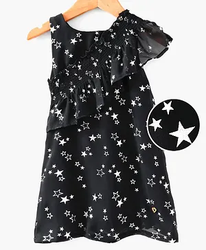 612 League Stars Printed Frill Sleeveless Dress - Black