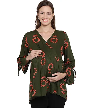 Mine4Nine Flower Printed Full Sleeves Top - Green